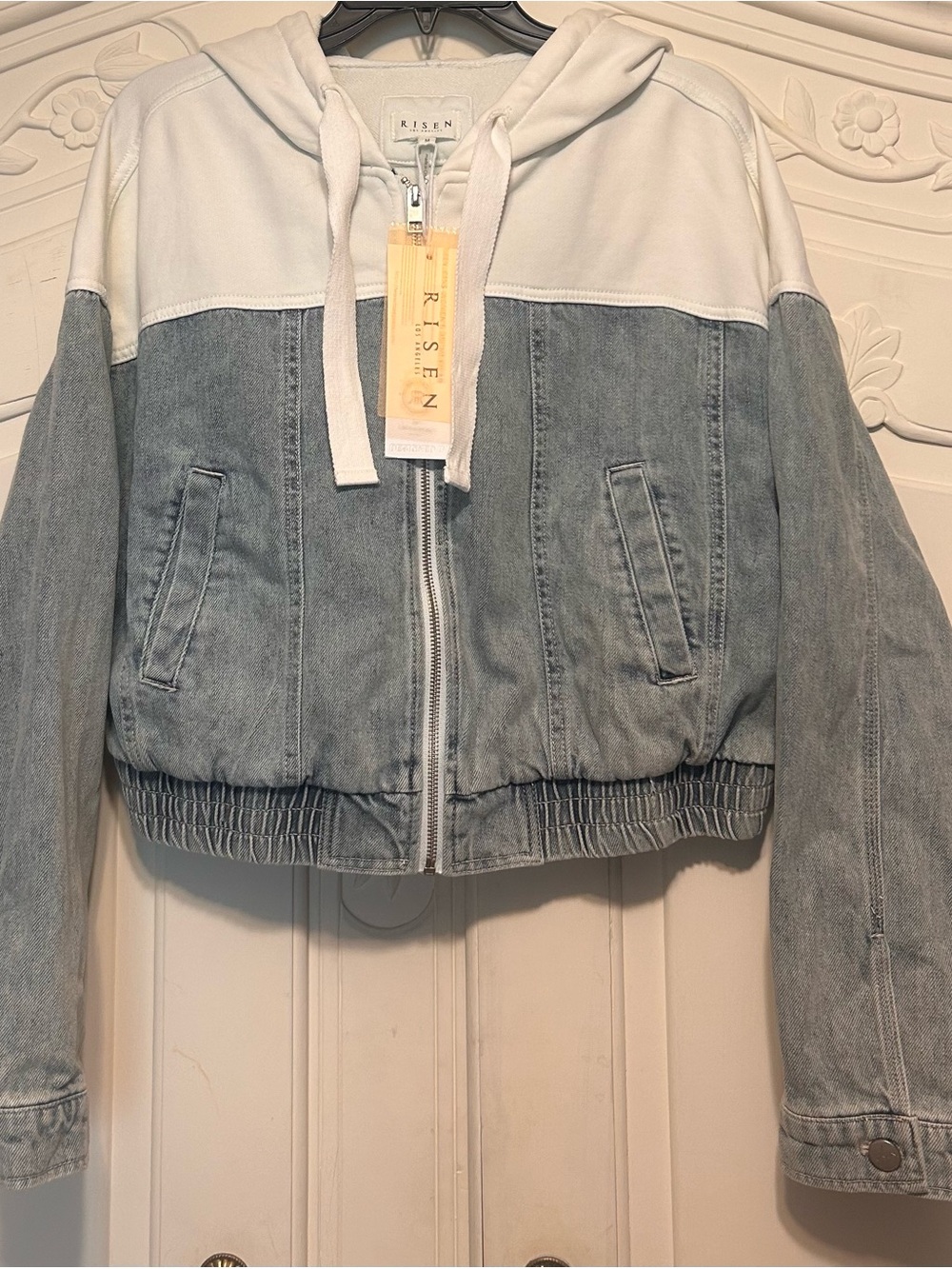 NWT RISEN Washed Gray & Cream Hooded Bomber Jacket - Picture 3 of 6